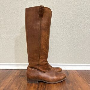 FRYE Cara Tall Boots Cognac Leather Pull On Knee High Riding